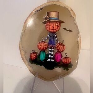 Natural Agate Slice with Pumpkin Scarecrow